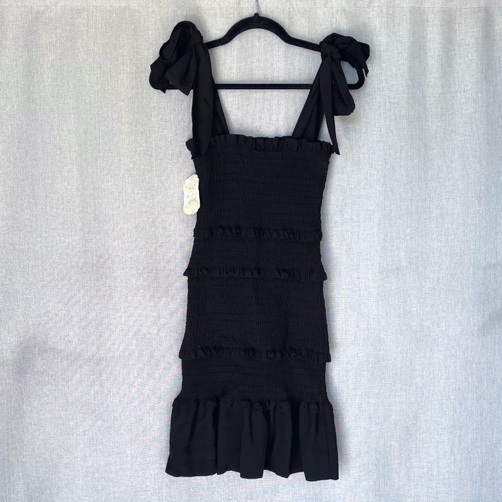NWT Altar'd State Black Ruffle Smocked Bodycon Mini Dress Bow Tie Straps
